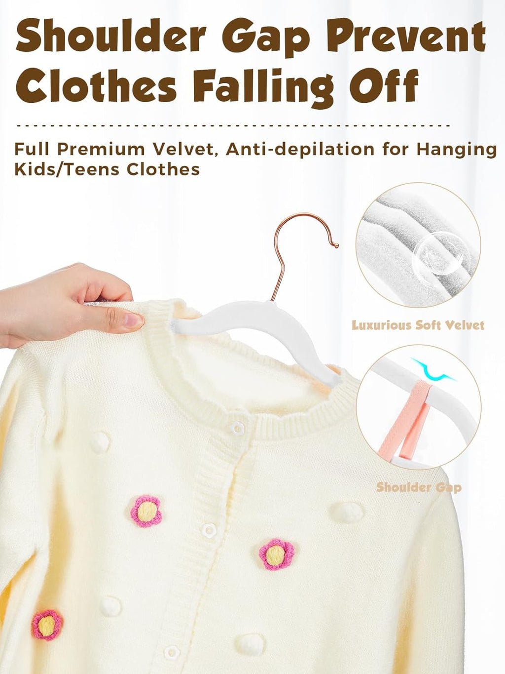 Smartor Kids Velvet Hangers - 50 Pack Premium Non-Slip Felt Hangers for Toddler Clothes | 14 Inch, White with Rose Gold Hook