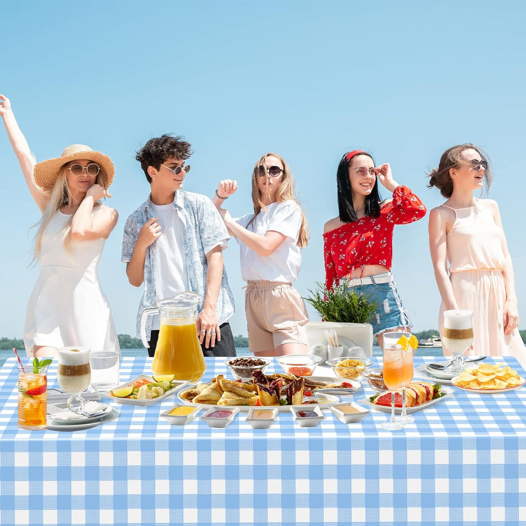 Skiennix Light Blue Gingham Tablecloth - Disposable Plastic Checkered Design | 54" x 108" for Parties & Events