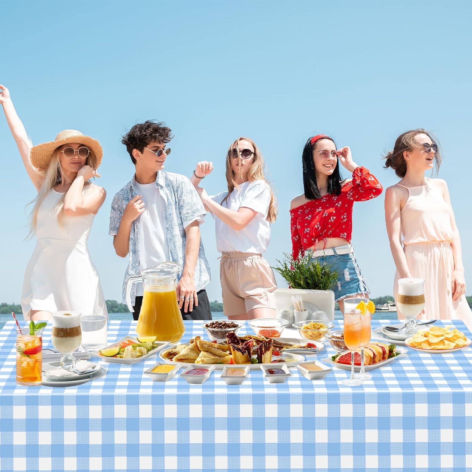 Skiennix Light Blue Gingham Tablecloth - Disposable Plastic Checkered Design | 54" x 108" for Parties & Events