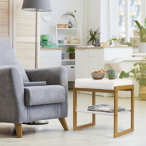 FrexCheng Vanity Stool, Faux Leather Vanity Chair Stool for Dressing Table, Modern Gold Metal Footstool Ottoman for Bedroom & Living Room, White & Gold
