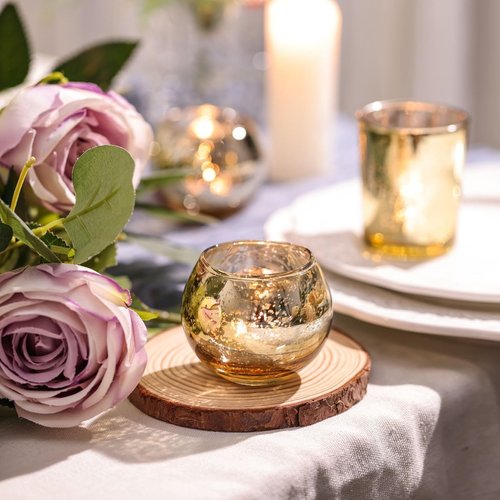 DEVI 48PCS Gold Votive Candle Holders - Mercury Glass Tea Light Holders for Weddings & Parties