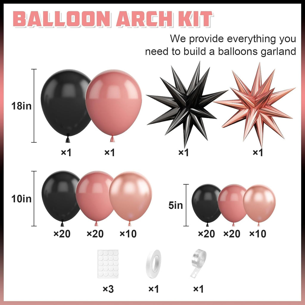 Regine Switzerland Dusty Pink & Black Balloon Arch - Blush Pink Garland with Rose Gold Star Foil Balloons for Valentine's Day & Weddings