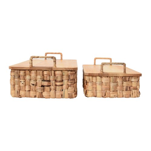 Household Essentials Stackable Hyacinth Baskets with Oak Lids, Natural, Set of 2