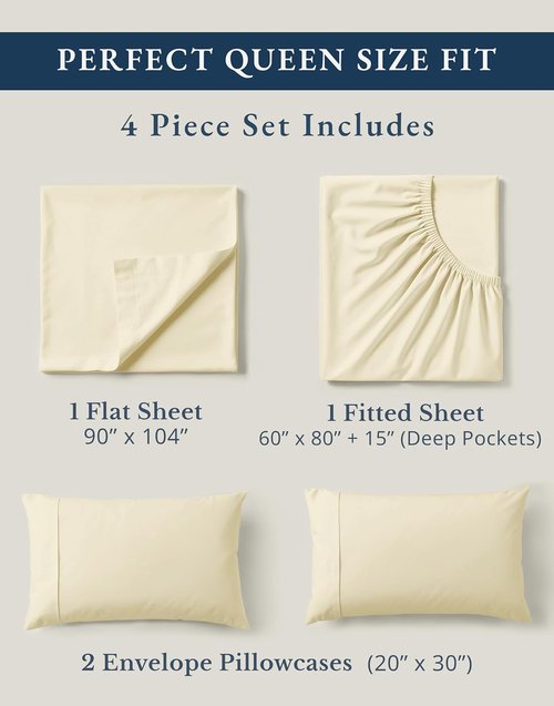 LANE LINEN 100% Organic Cotton Queen Sheets, 4Pc Cotton Sheets Set, Classic Percale Weave Bedsheets Queen Size Bed, Soft Breathable Sheet & Pillowcase Sets, Deep Pocket 15" - Natural