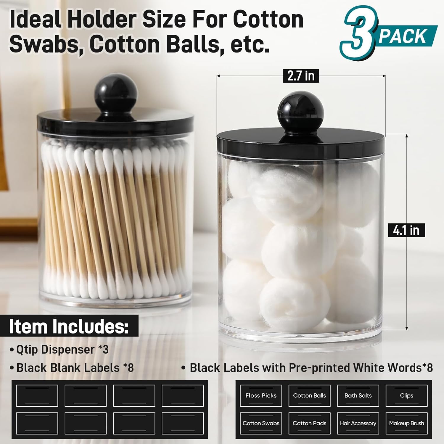 Skiennix Acrylic Qtip Holder Dispenser - 3 Pack Cotton Swab & Makeup Organizer Set | Clear & Black