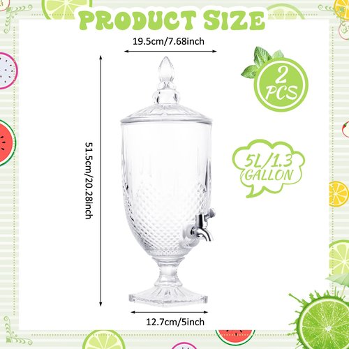 Bokon 2 Pieces Drink Dispensers for Parties Crystal Iced Beverage Dispenser with Stand and Spigot, Glass Liquid Containers Wide Mouth Beverage Server for Juice Tea Wedding