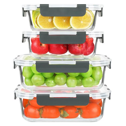 KOMUEE 4 Pack 52oz+22oz Glass Food Storage Containers Set with Airtight Lids, BPA-Free & Leak Proof, Ideal for Meal Prep, Freezer, Microwave, Oven and Dishwasher Safe