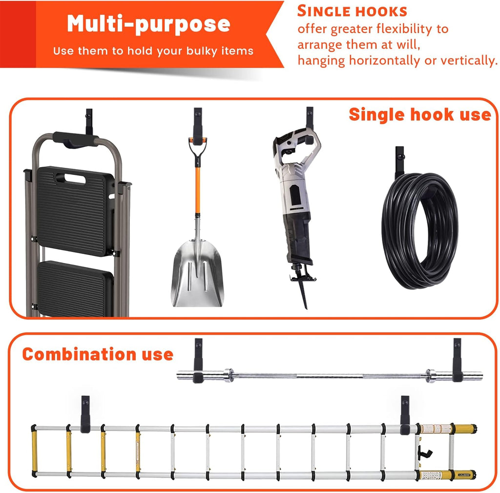 Skiennix Garage Storage Hooks - Heavy-Duty Steel Wall Mount Utility Hangers | 4 Pack, 88 lbs Capacity