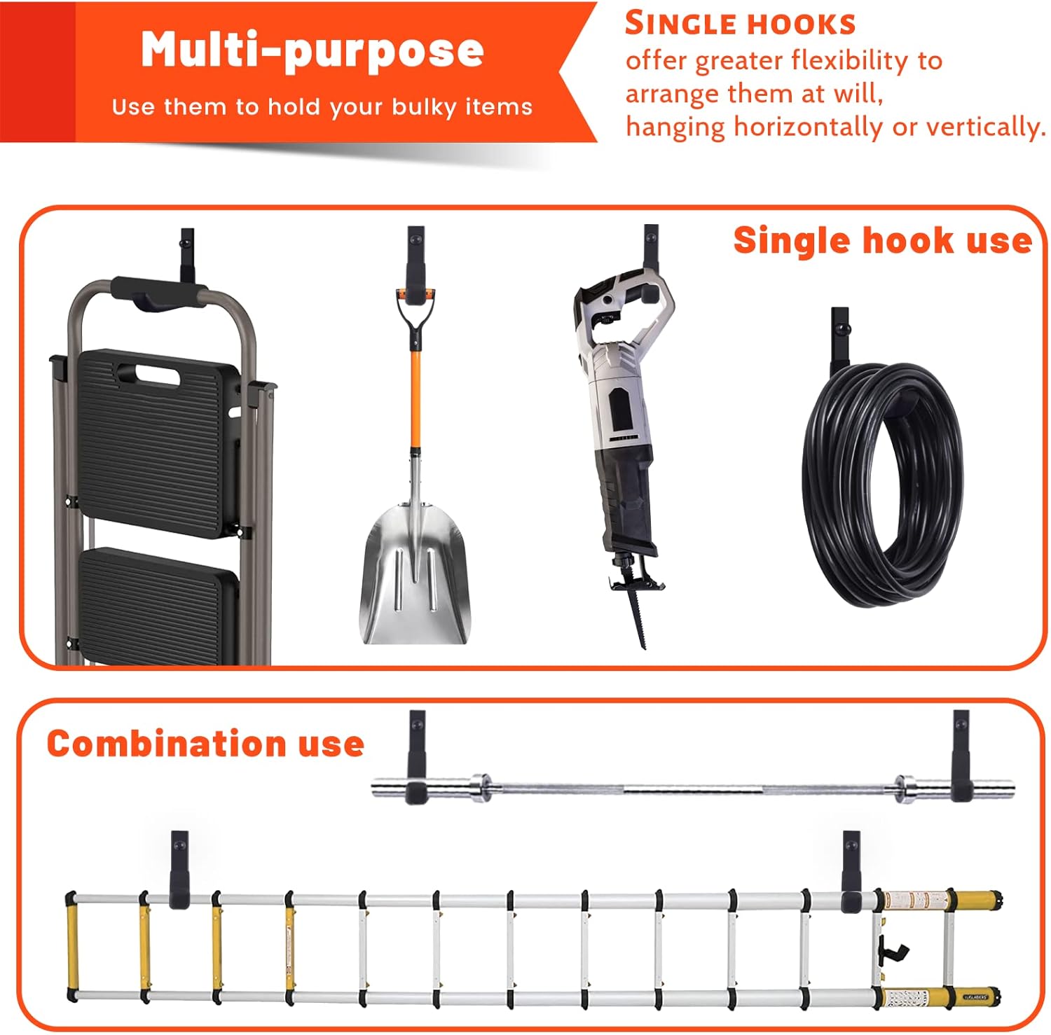 Skiennix Garage Storage Hooks - Heavy-Duty Steel Wall Mount Utility Hangers | 4 Pack, 88 lbs Capacity