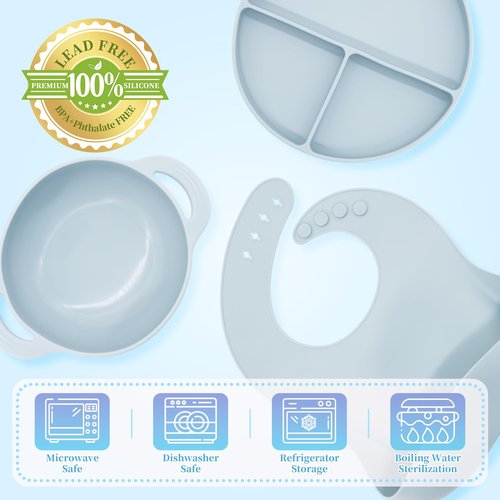 CHCC Silicone Baby Feeding Set 10 Pcs, Baby Led Weaning Supplies, Baby Feeding Supplies Set BPA Free, Baby Essentials for Newborn Gift Blue