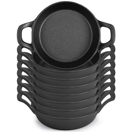 Ziliny Mini Cast Iron Skillets 6.3 x 6.3 x 1.5 Inch Cast Iron Pan Small Ramekin Set Black Casserole Dish Cookware Oven Safe Mini Skillets for Kitchen Indoor Outdoor Picnic (8 Pack)