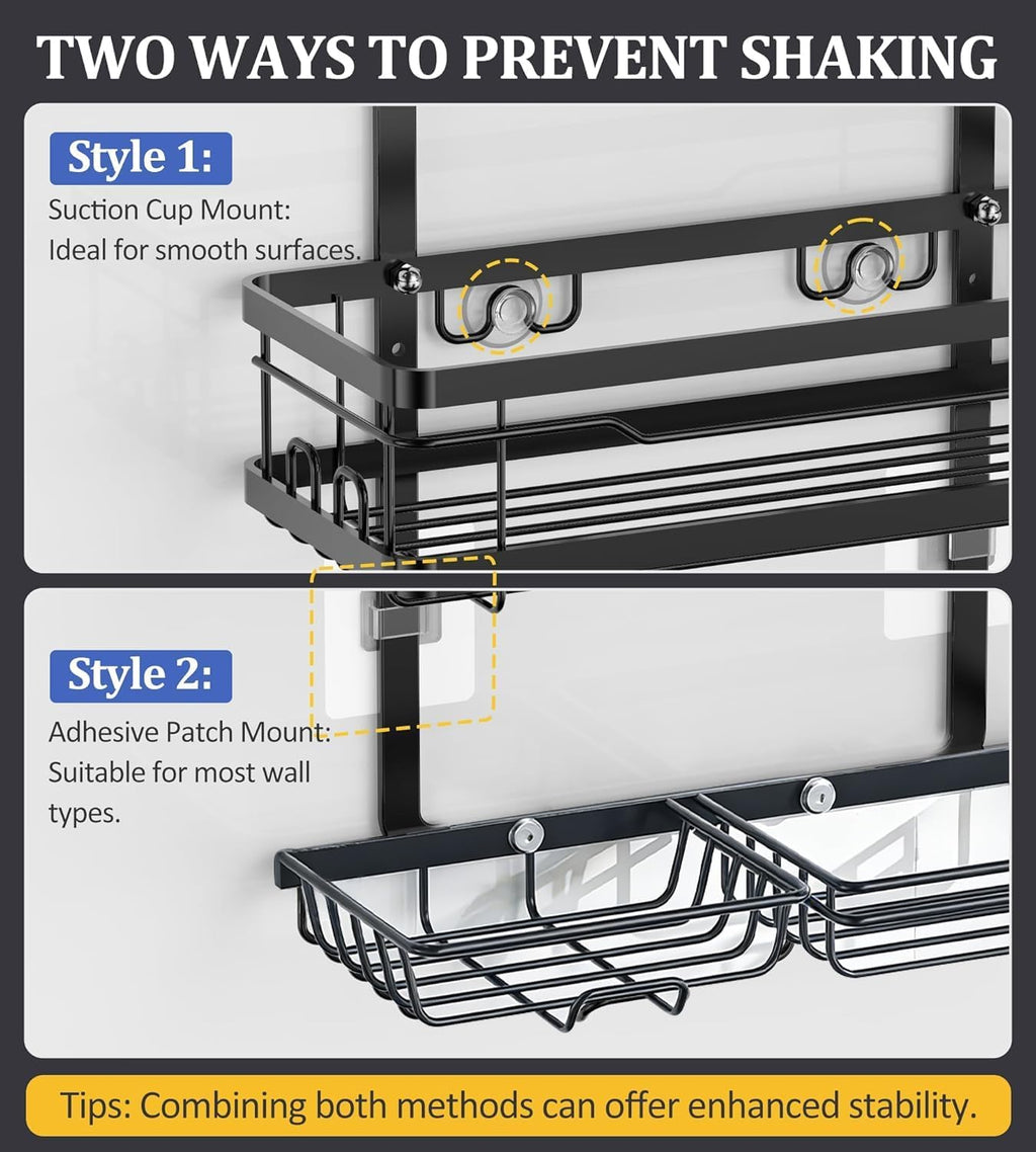 OMAIRA Shower Caddy - Rustproof Overhead Organizer with Soap Holder | Non-Slip Stainless Steel, Black