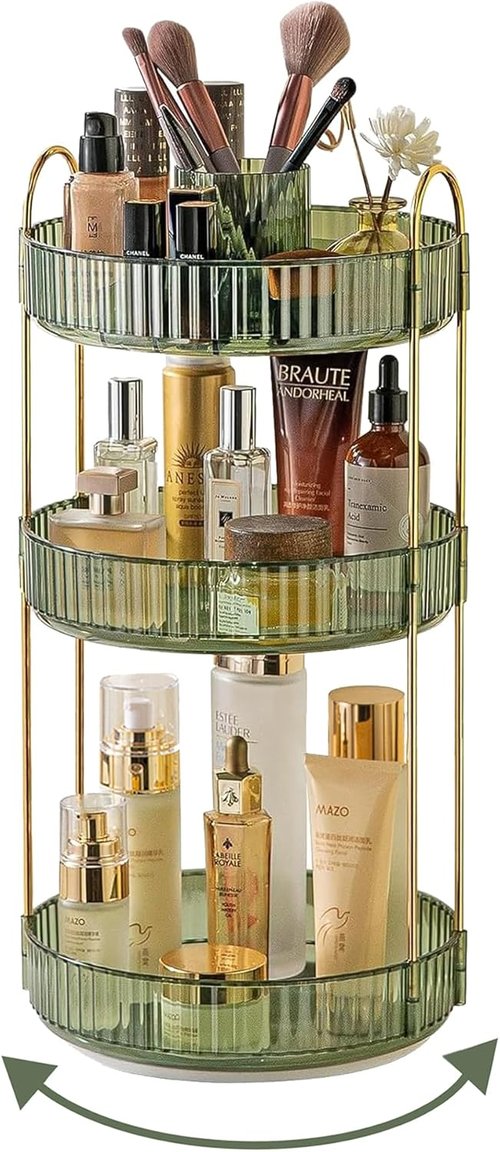 Asayuee 360° Rotating Makeup Organizer - Large 3-Tier Storage for Cosmetics & Skincare | Green