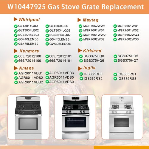 W10447925 Stove Grates Replacement for Whirlpool Stove Top, Gas Burner Range Grate for Maytag Amana Inglis Kirkland Cooktop Parts, Range Surface Grate Cast Iron Oven Grates Burner Rack Sets 4 Pack