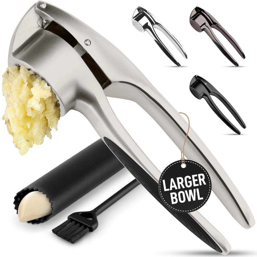 Zulay Kitchen Large Premium Garlic Press Set – Rust Proof & Dishwasher Safe, Bigger Bowl Garlic Mincer Tool with Silicone Garlic Peeler & Brush, Easy Squeeze & Clean, Ergonomic Handle - Silver
