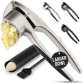 Zulay Kitchen Large Premium Garlic Press Set – Rust Proof & Dishwasher Safe, Bigger Bowl Garlic Mincer Tool with Silicone Garlic Peeler & Brush, Easy Squeeze & Clean, Ergonomic Handle - Silver