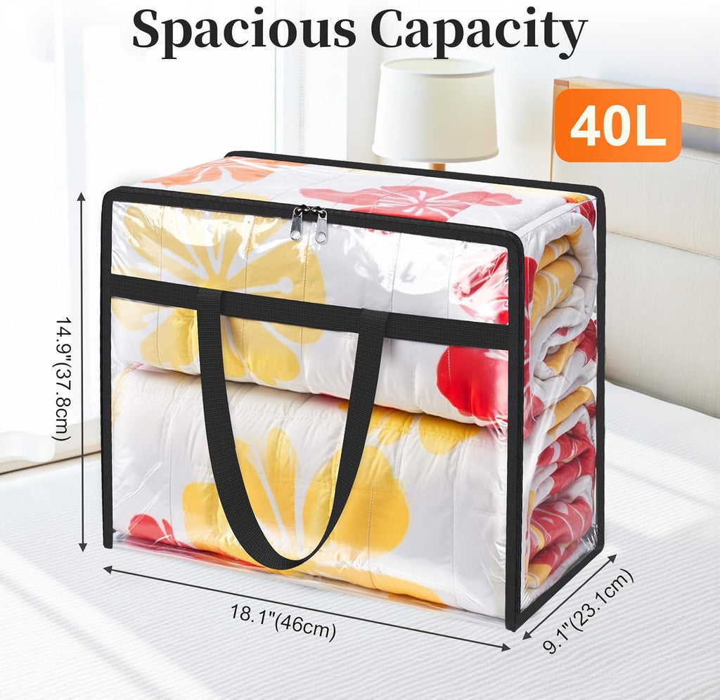 SpaceTrove Clear Storage Bags - 4 Pack Heavy-Duty Under Bed Organizers | Foldable Vinyl Zippered Containers for Comforters, Bedding & Toys - 40L Capacity