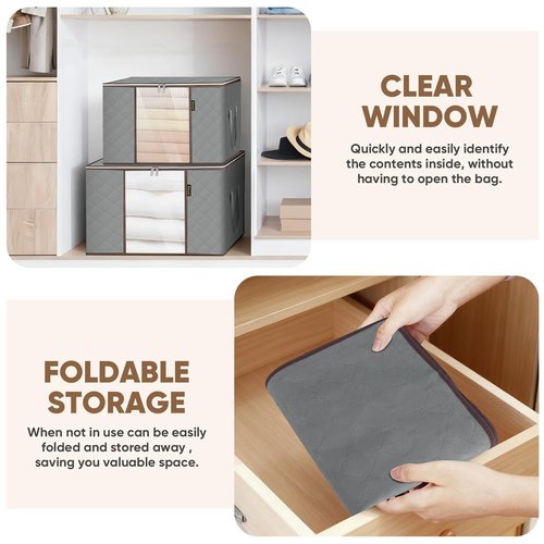 BALEINE 2 Pack Clothes Storage Bags, 16 Gallon Storage Containers with Reinforced Handle, Sturdy Zipper, Closet Organizer for Blanket, Comforter, Pillow, Bedding (Grey, 2 Pack)