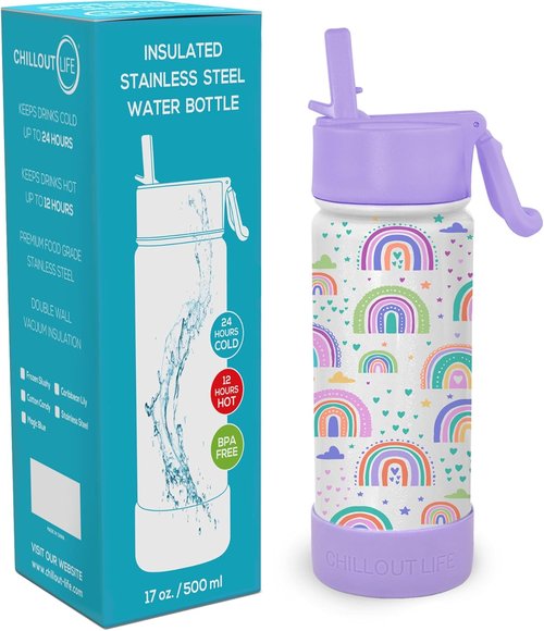Chillout Life Insulated Kids Water Bottle - 17 oz Leakproof Thermos with Straw Lid & Cute Stickers