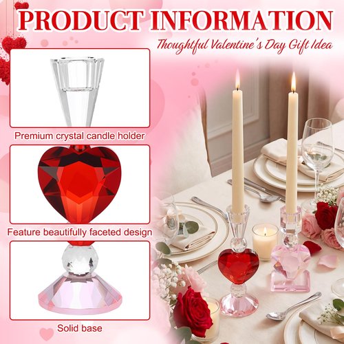 Reallnaive 2 Pcs Heart Cut Glass Candle Holders Valentine's Day Decorative Candlestick Holders 6.7" 8.9" Tapered Candle Stand Wide Base Table Centerpiece Decor for Wedding Christmas Holiday Decoration
