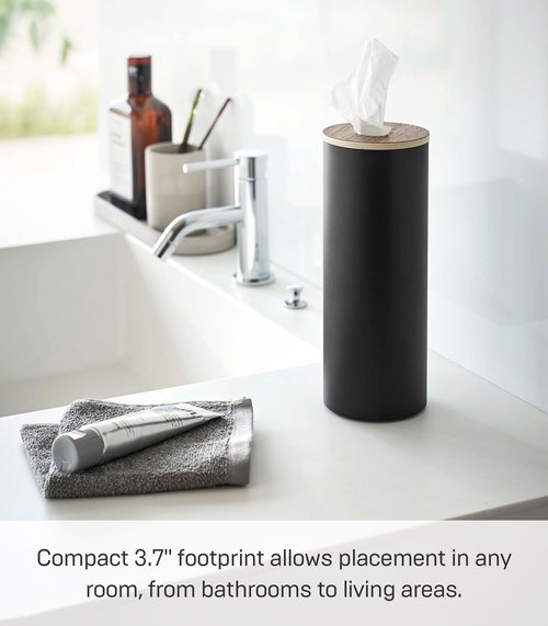 Yamazaki Home Rin Reusable Round Tissue Holder Case, Metal Tissue Container with Wooden Lid - Large - Steel + Wood