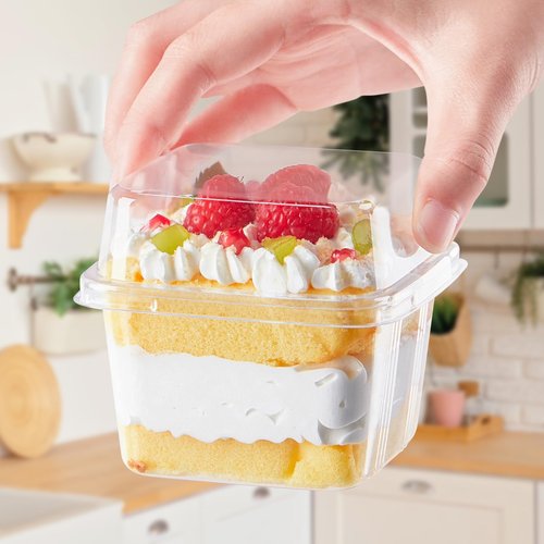 Kucoele 100 Pack 8 oz Plastic Dessert Cups with Lids and Sporks, Clear Square Cake Cups Parfait Containers for Pudding Fruit Mousse Yogurt and Shortcake