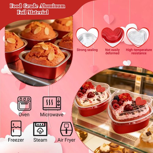 23 OZ Large Heart Shaped Cake Pans for Baking 15 Pack Aluminum Foil Baking Tins with Lids Red Desert Heart Cake Mold Disposable Ramekins Containers for Valentine's Day, Mother's Day, Wedding, Party