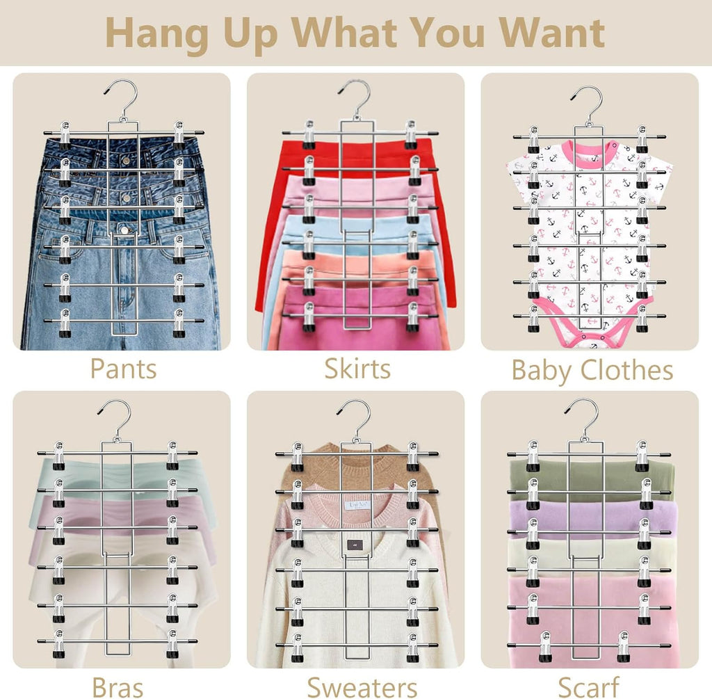 Skiennix Pants Hangers with Clips - Space-Saving 6-Tier Closet Organizer | 360° Swivel Hook - 4 Pack