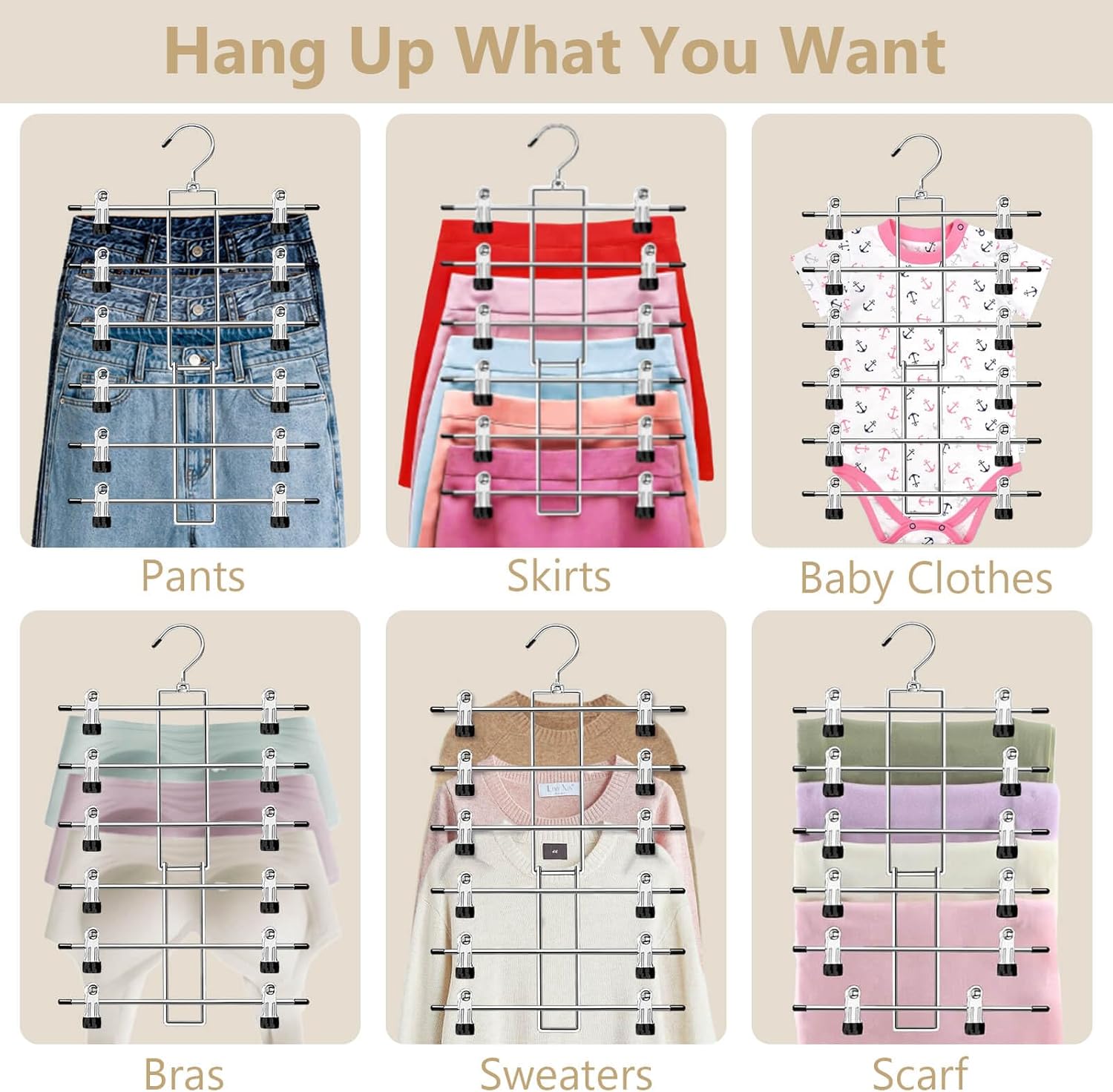 Skiennix Pants Hangers with Clips - Space-Saving 6-Tier Closet Organizer | 360° Swivel Hook - 4 Pack