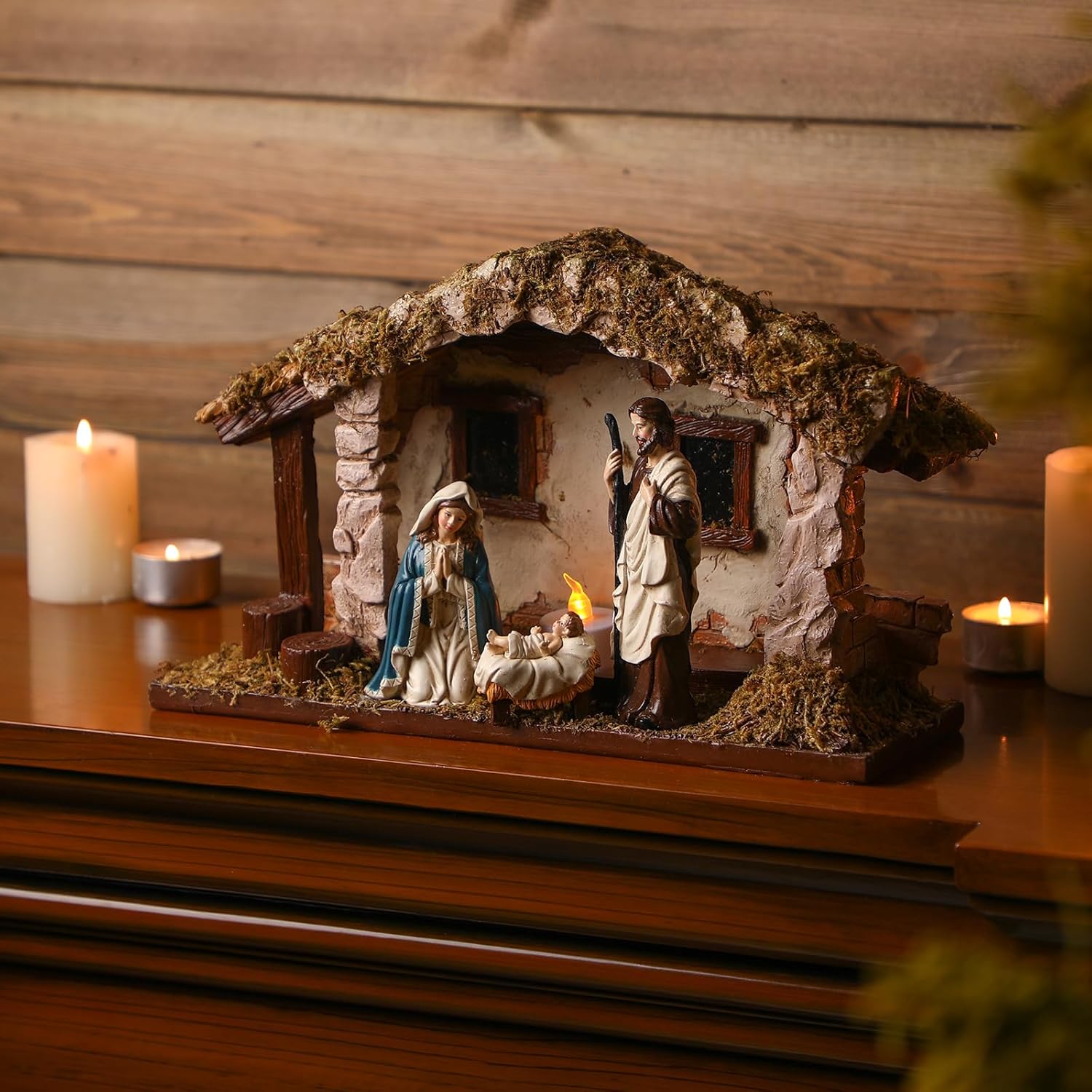Barydat Christmas Nativity Creche - Realistic Resin Manger with Moss Roof | 10 x 7.87 x 5 Inches