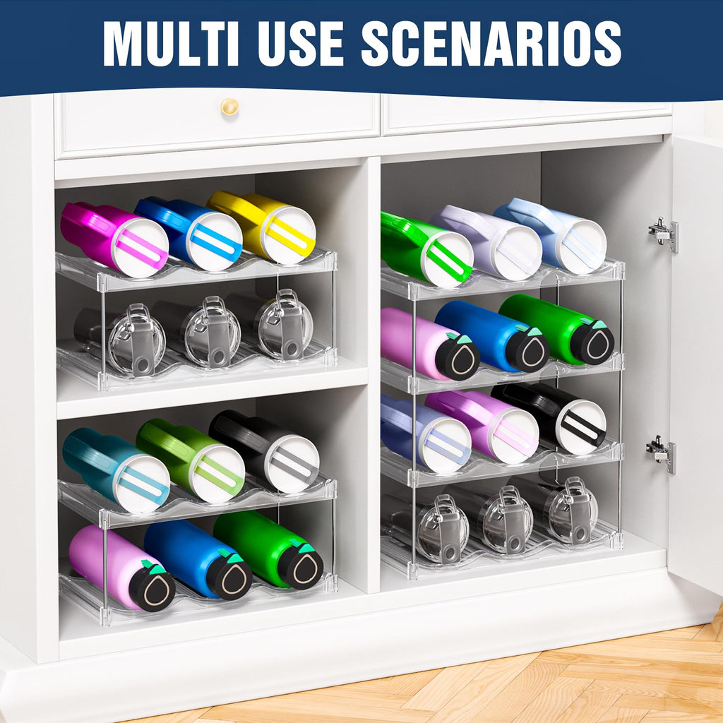 AWGOU Stackable Water Bottle Organizer for Cabinet, Bottle and Other Tumbler Organizer for Kitchen Cabinets,Clear Stackable Water Bottle Holder and Wine Rack
