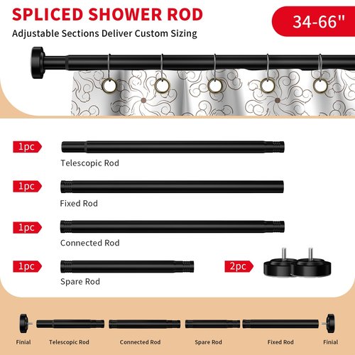 Emlaoe Black Shower Curtain Rod 34-66 Inches Never Rust Stainless Steel Tension Curtain Rod Adjustable Shower Rod Spring Tension Non-Slip No Drilling Shower Rods for Bathroom Window