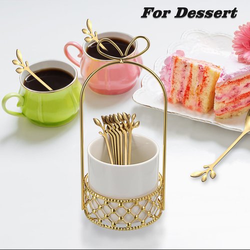 ELLDOO Coffee Spoon Set, White Ceramic Holder with 8 Stainless Steel Gold Leaf Coffee Spoons, Creative Flatware Set for Stirring, Mixing, Sugar, Ice Cream, Cake (8 x Spoons)