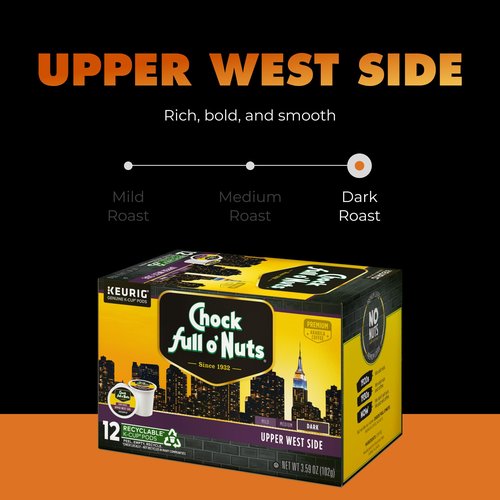 Chock Full o' Nuts Upper West Side Keurig K-Cup Pods for Keurig Brewers – Premium Arabica, Dark Roast – Single Serve – 6 Packs of 12 K-Cup Pods