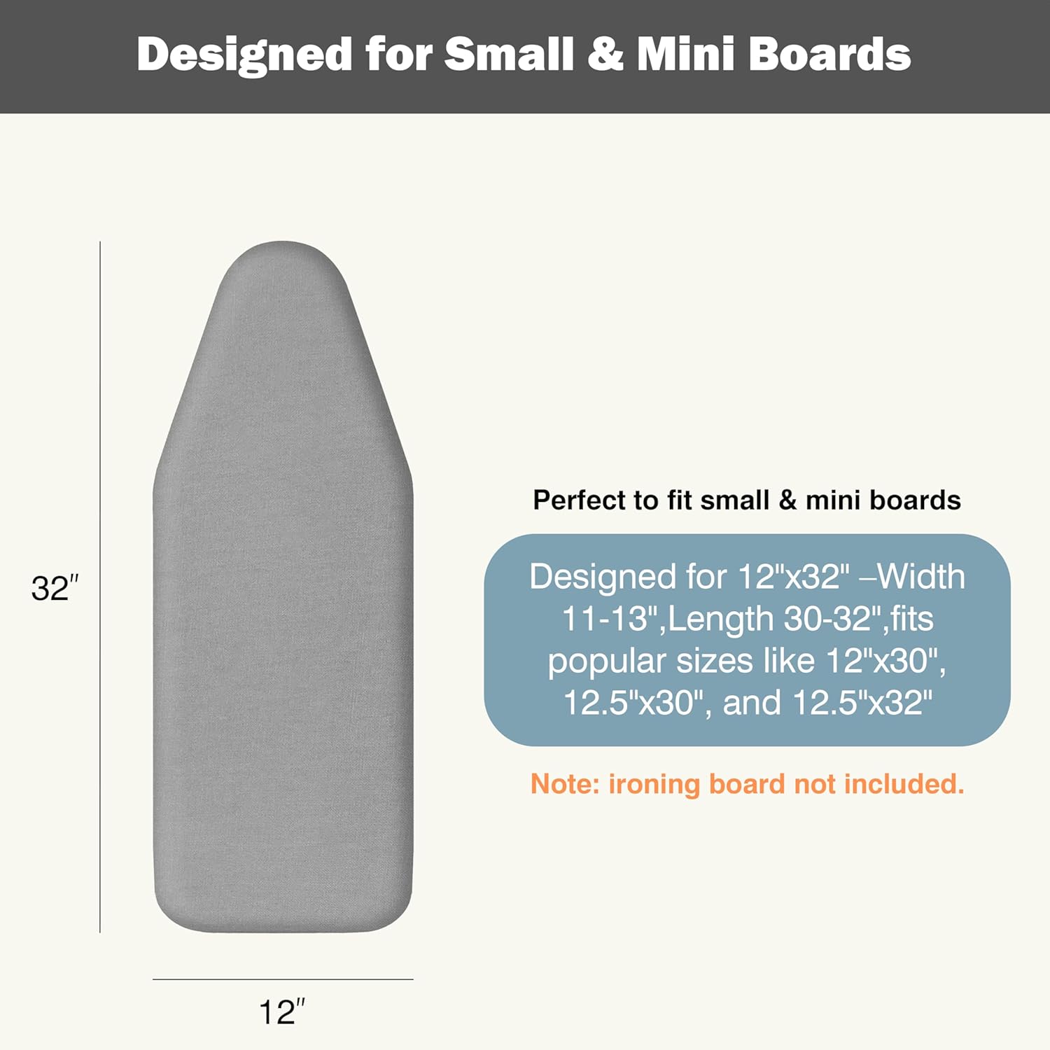 UniSimp Small Ironing Board Cover - Heat Resistant Cotton Canvas Pad | 12"x32" Gray Mini Size
