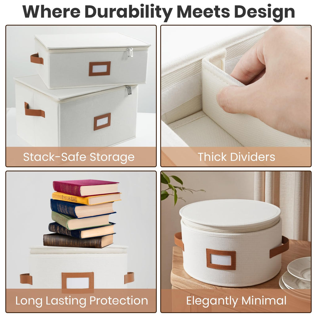HOMELUX THEORY Hard Shell China Storage Containers, 5pc Ivory Mug & Plate Storage Box, Kitchen Storage Bins With Lids, Heavy Duty Moving Box with Handles for Dishes, Glassware, Stemware, Cup & Mug
