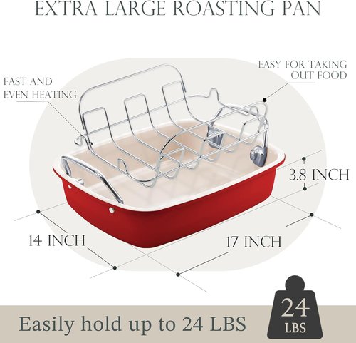 KITESSENSU Nonstick Turkey Roasting Pan - Heavy Duty 17 x 14 Inch Chicken Roaster with Rack & Wider Handles - Ideal for 24lb Turkey, Red