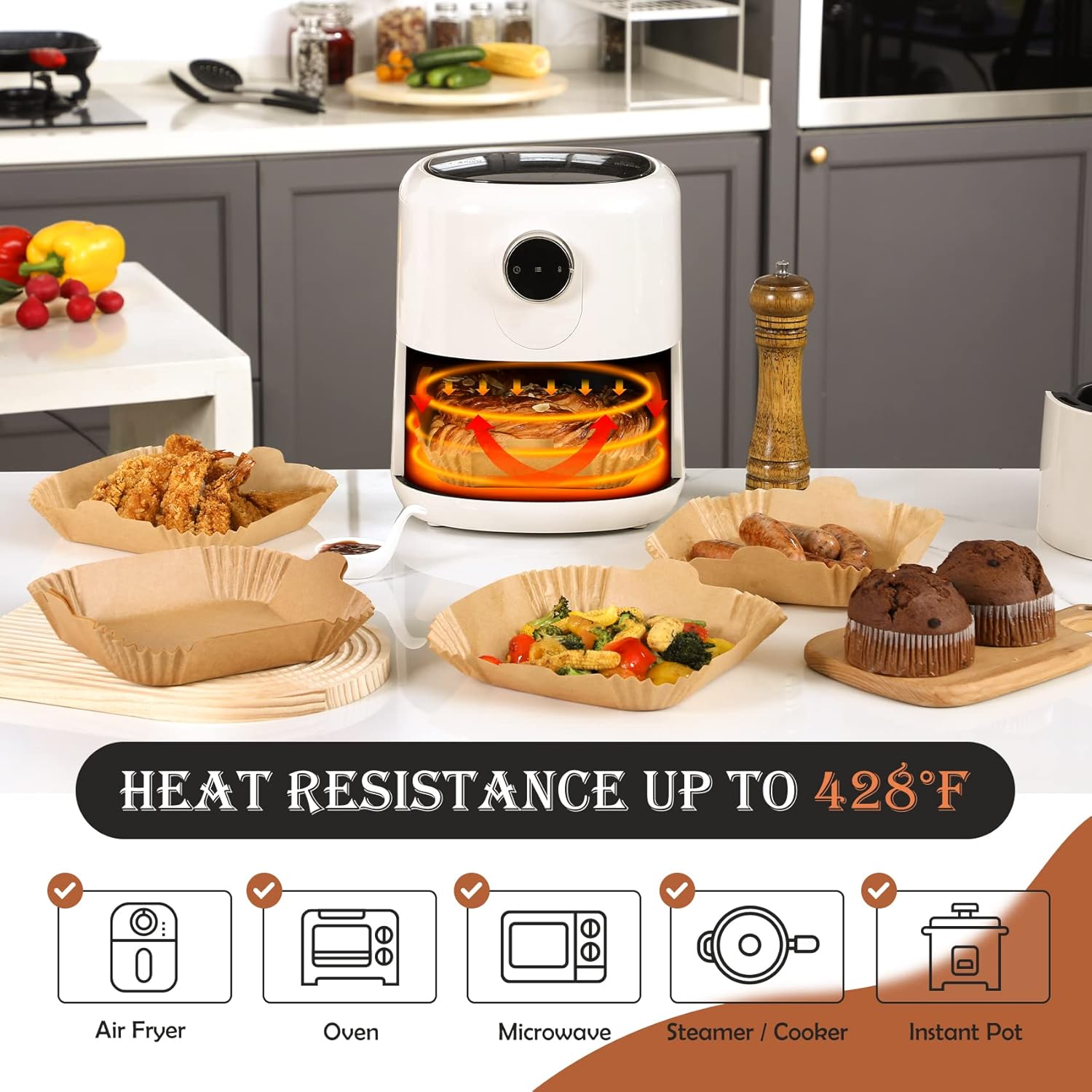 Skiennix Air Fryer Disposable Paper Liners - 120 PCS Non-Stick Parchment for 5-8 QT | 8-Inch Size