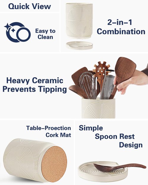 Swkien Utensil Holder, 7.2" Kitchen Utensil Holder for Counter, 2-in-1 Ceramic Cooking Utensils Holders with Spoon Rest, Utensil Crock for Spatula, Ideal Housewarming Gift (Beige)