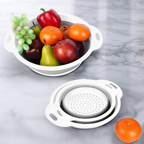Cluren Collapsible Colander 3-Pack Set Space-Saving Foldable Kitchen Strainer with Non-Slip Base Durable Thickened PP+TPE Collapsible Strainers for Pasta, Vegetables, Fruits (Gray-White)