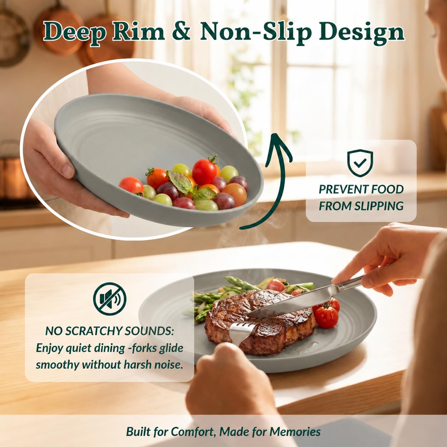 Homienly Deep Dinner Plates Set of 8 Alternative for Plastic Plates Microwave and Dishwasher Safe Wheat Straw Plates for Kitchen, Camping Unbreakable Lightweight Round Plate Set (Grey, 9 inch)