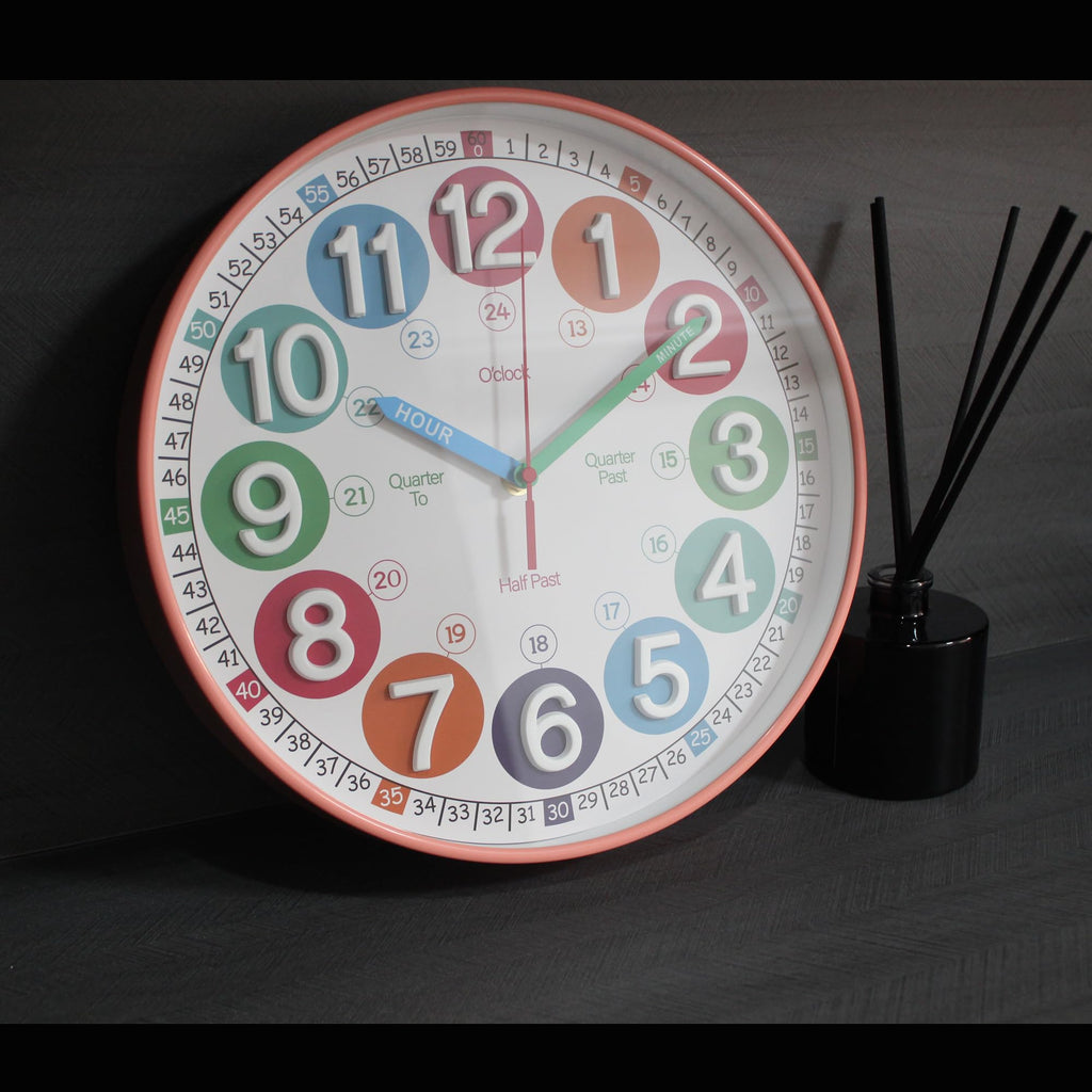 SYOYUEX Learning Time Clock for Kids, 12 Inch 3D Peach Pink Classic Silent Wall Clock, Bedroom, Kitchen, Classroom, Decor at School, Clear Digital Clock for Kids Room