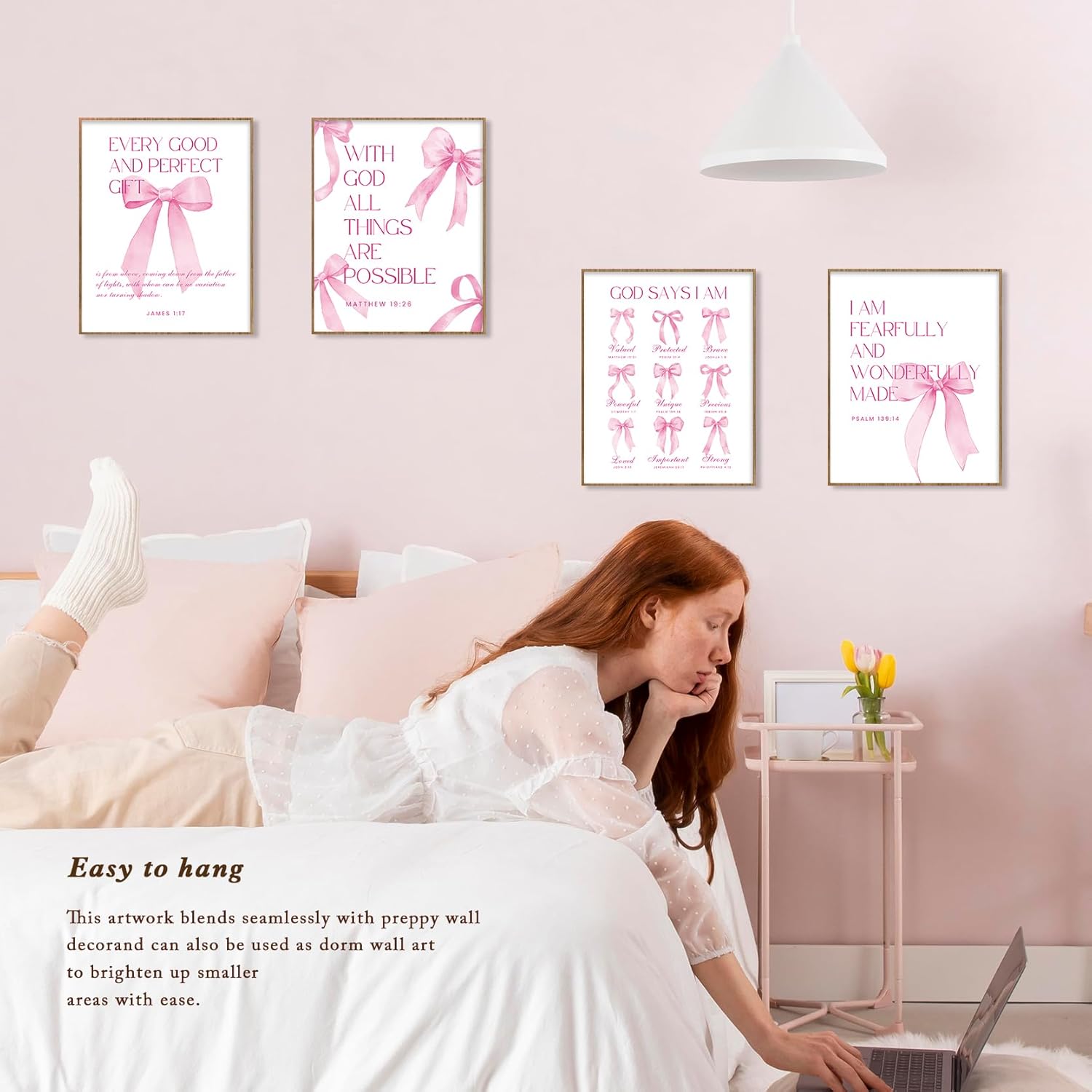 Shescrzionu 4 PCS Coquette Room Decor - Pink Bow Aesthetic Wall Art for College Girls | 10x8 Inch Set