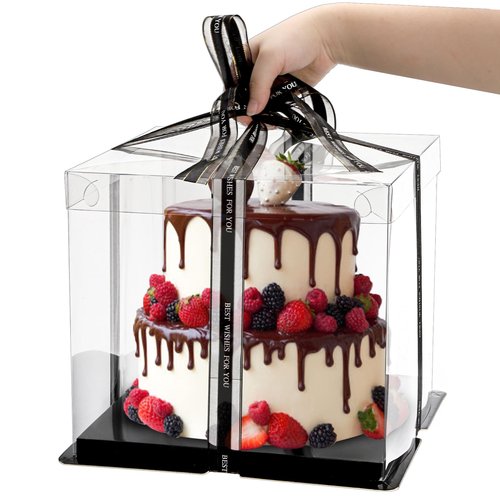 Cididu 6 Pack Clear Cake Box with Ribbon, 2-Layer Tall Cake Carrier Box, Packaging Boxes 10x10x9 Inch, PET Clear Gift Box with Lid, Transparent Cake Containers for Christmas Birthday Party Wedding