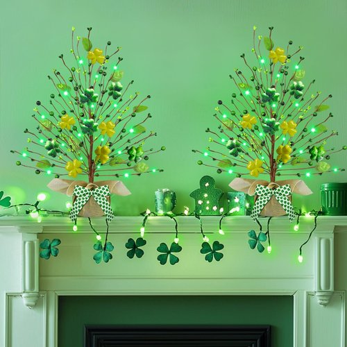 2 Pack 21 Inch St. Patrick's Day Decorations Lighted St. Patricks Day Trees Tabletop Battery Operated Shamrocks Shaped Berries Artificial Tree Irish Decorations Home Table Bedroom Indoor Party Decor