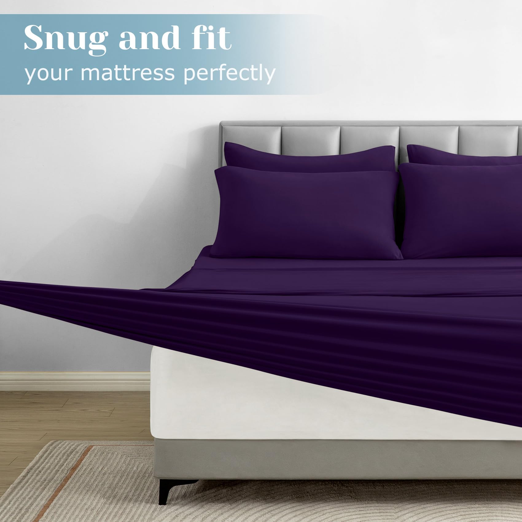 BYSURE 6 Pieces Non-Slip Super Soft Bed Sheet Set(Queen, Purple), Wrinkle-Free and T-Shirt-Like Spandex Blend Sheets with 18-inch Deep Pocket, 4-Way Soft Stretch Bed Sheets