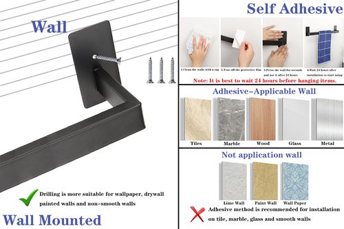 Vanloory 5 Pieces Self Adhesive Bathroom Hardware Set-SUS304 Stainless Steel-Towel Rack Set Include 16″Towel Bar+Toilet Paper Holder+3 Towel/Robe Hooks Bathroom Accessory (Matte Black, 16 in)