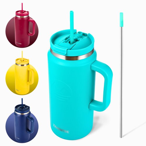 FAHRMOSIS 64 Oz Tumbler with Handle and Straw Half Gallon Water Bottle Stainless Steel Travel Mug for Hot & Cold Drinks, Reusable Water Bottle with Lids and Straw - Teal