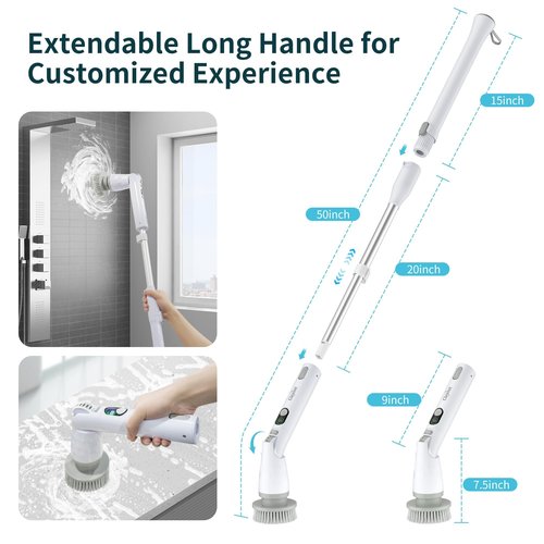 Electric Bathroom Scrubber with Long Handle, Electric Spin Scrubber Brush for Shower, Bathtub, Tile, Floor Cleaning-with Adjustable Handle & LCD Display for Easy Cleaning