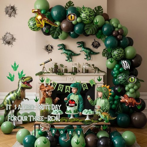 Dinosaur Birthday Party Decorations Includes Green and Brown balloon arch & Cute Small dino Foil balloons & Banner Footprint Sticker for kids jungle Safari dino ROAR Themed Supplies